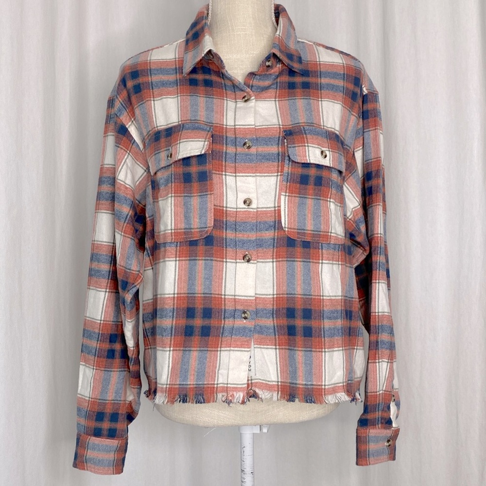 LUCKY BRAND Women’s Raw Edge Plaid Cropped Button Down Shirt Size Medium NWT